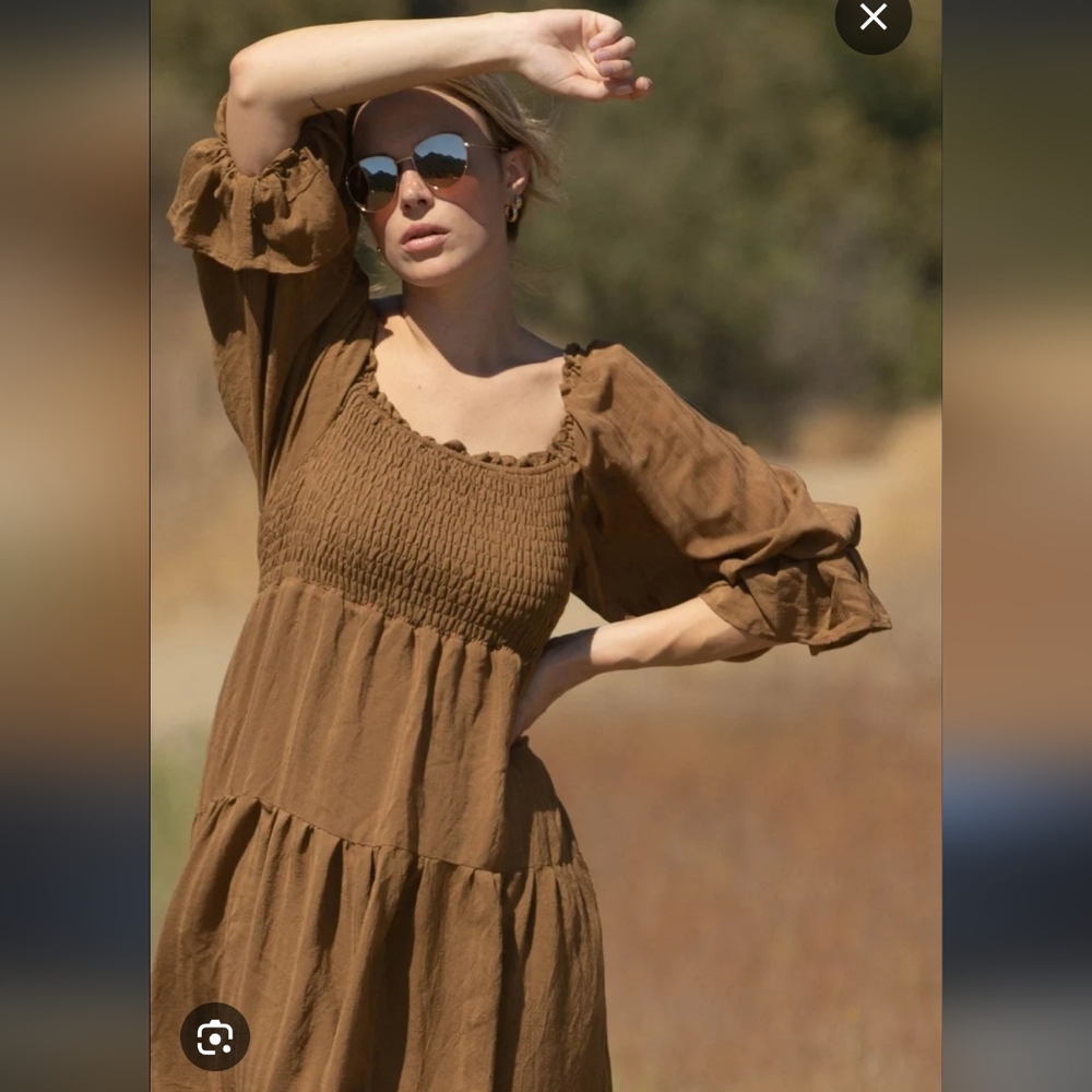 Elegant Brown Smocked Dress - Picture 1 of 4